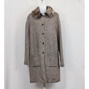 J.Jill Cardigan Sweater Brown Marled Knit Faux Fur Collar Long Misses Size XS